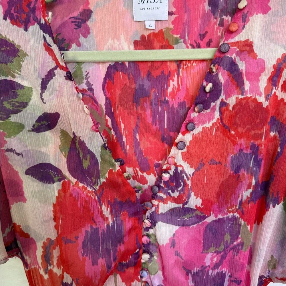 MISA Los Angeles Floral Chiffon Midi Dress Boho Pink Purple Button Front L - Picture 8 of 10